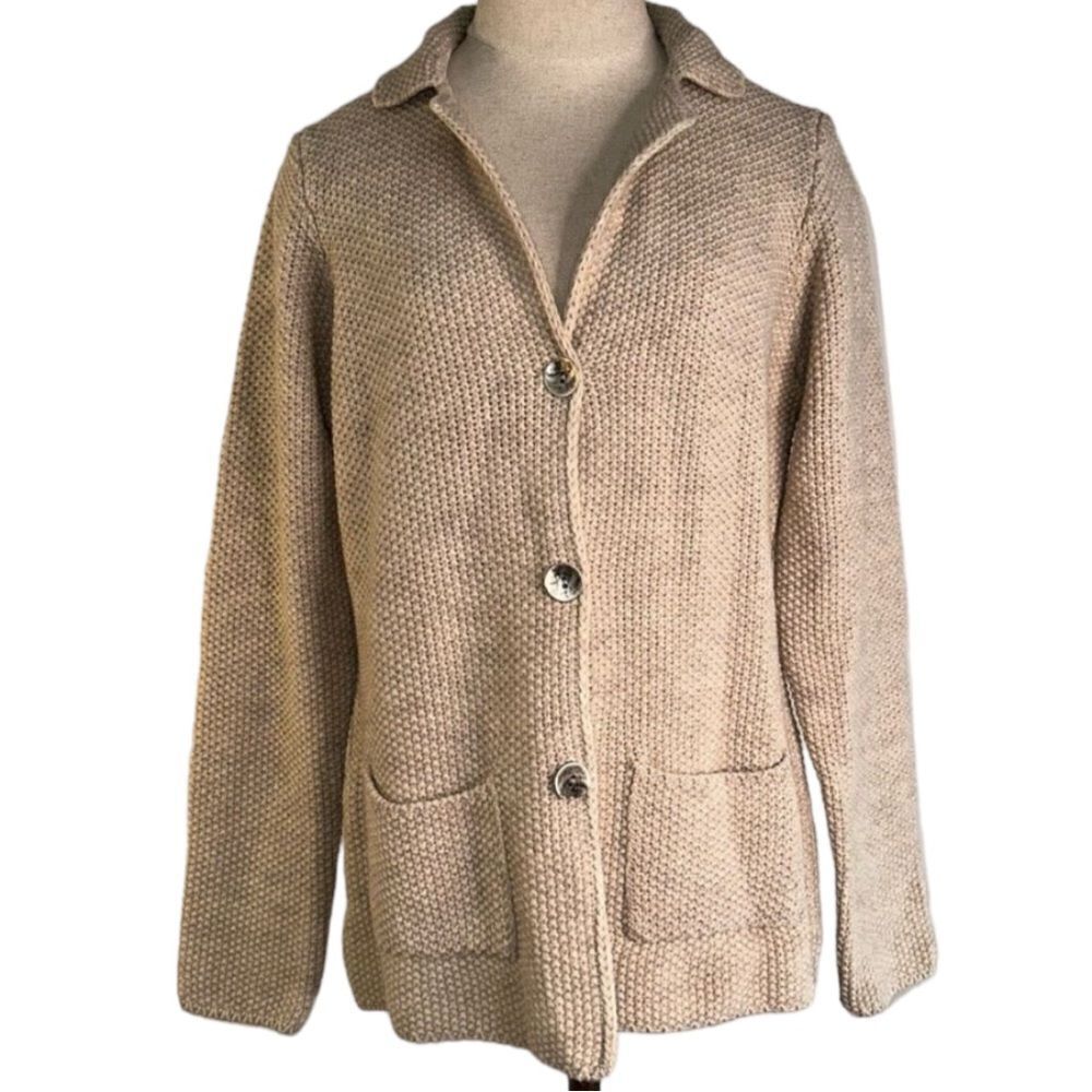 Cocogio Womens Tan Wool‎ Blend Knit Sweater Cardigan Blazer Boho Minimalist